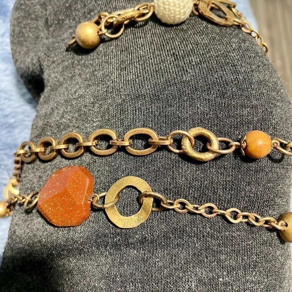 Bohemian Necklace Gold-tone With Cloth, Hand-carved Wooden Beads 23” Length - Picture 7 of 8